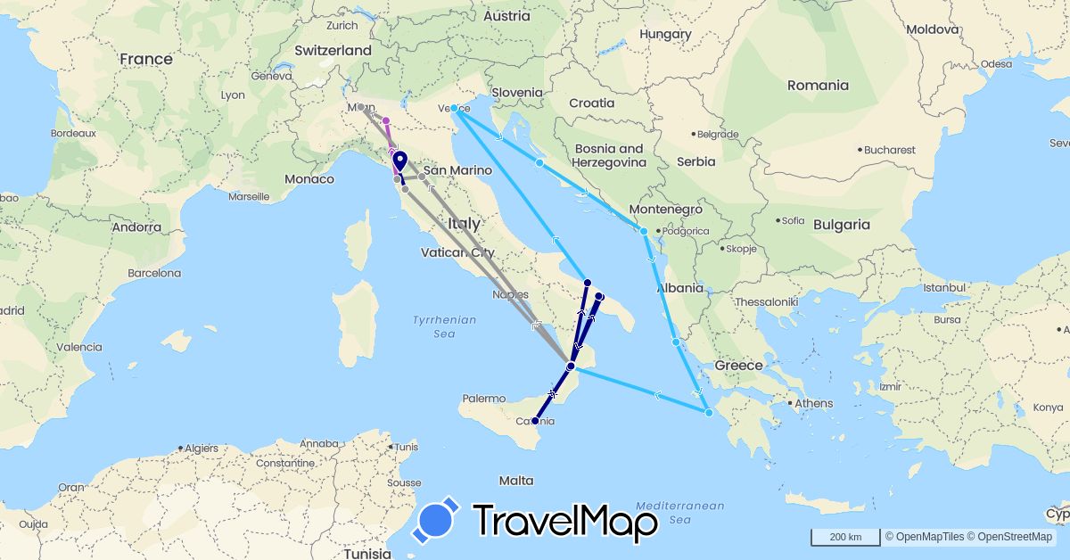TravelMap itinerary: driving, plane, train, boat in Greece, Croatia, Italy, Montenegro (Europe)